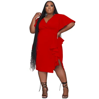 Women Fashion Casual Solid Color V-Neck Short-Sleeve Ruffled Slim-Fit Dress