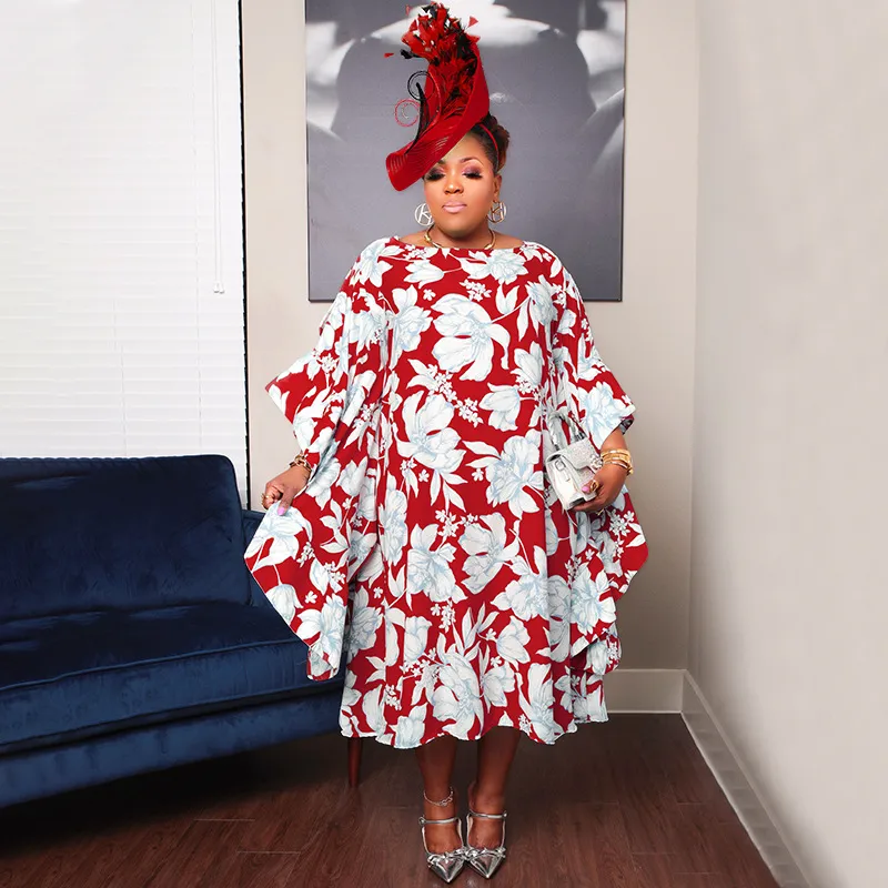 Women Casual Plus Size Printed Long-Sleeve Loose Dress