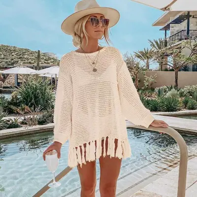 Women Crochet Tassel Loose Beach Cover-Ups Solid Color
