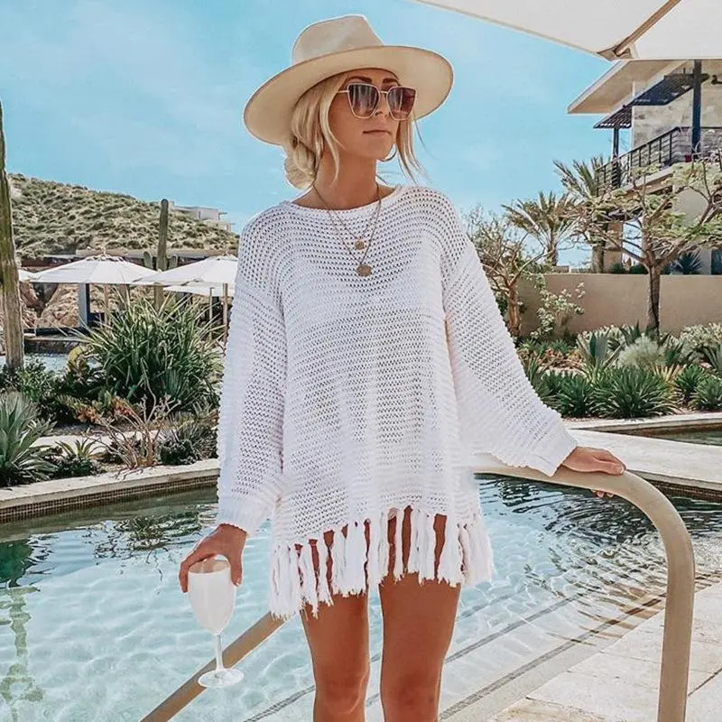 Women Crochet Tassel Loose Beach Cover-Ups Solid Color