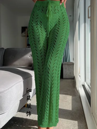Women Fashion Solid Color Crochet Beach Cover-Ups Straight Leg Pants