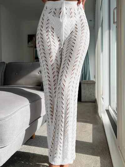 Women Fashion Solid Color Crochet Beach Cover-Ups Straight Leg Pants