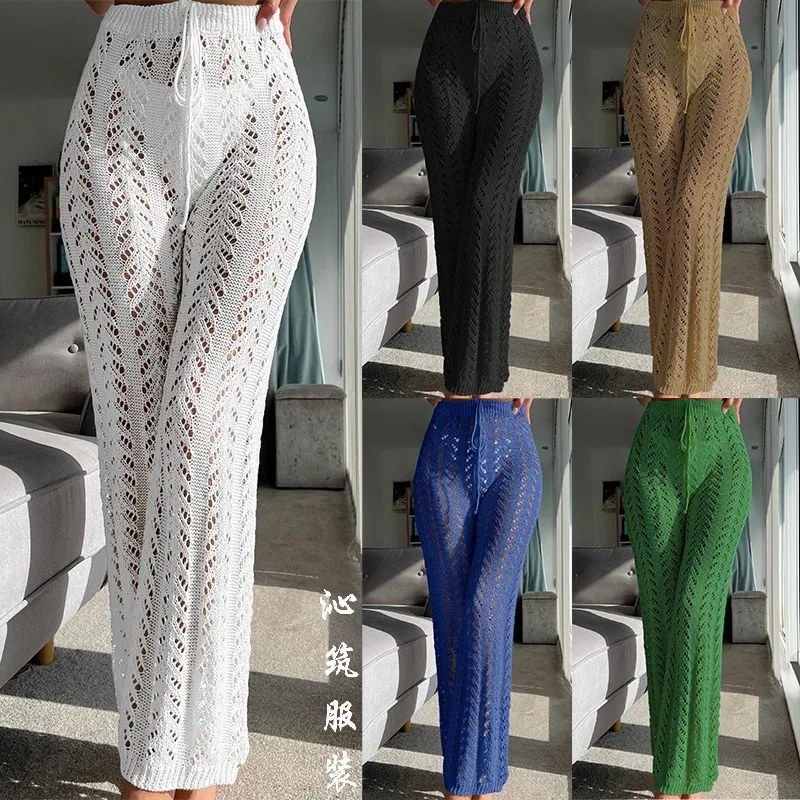 Women Fashion Solid Color Crochet Beach Cover-Ups Straight Leg Pants