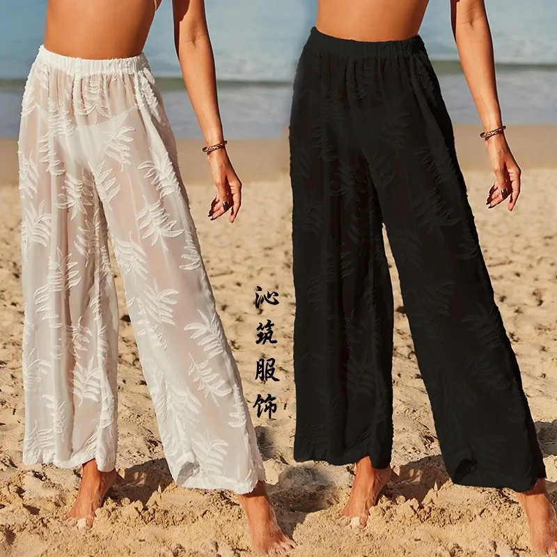 Women Jacquard Chiffon High Waist Wide Leg Pants Sunscreen Beach Cover-Ups