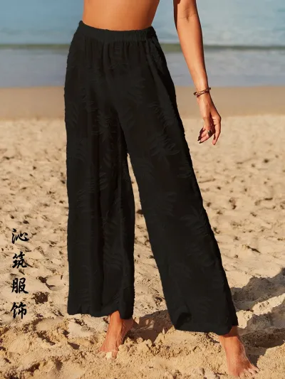 Women Jacquard Chiffon High Waist Wide Leg Pants Sunscreen Beach Cover-Ups