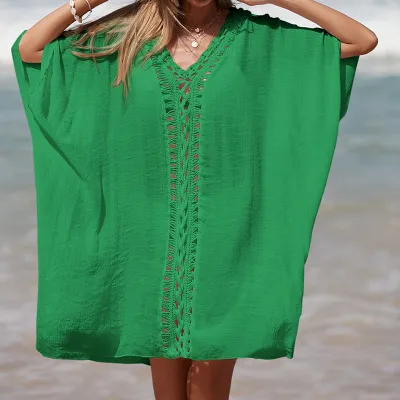Women Crochet Collar V-Neck Solid Color Loose Breathable Sun Protection Beach Cover-Ups