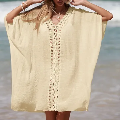 Women Crochet Collar V-Neck Solid Color Loose Breathable Sun Protection Beach Cover-Ups