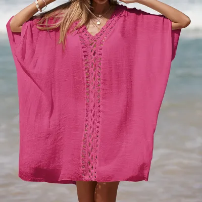 Women Crochet Collar V-Neck Solid Color Loose Breathable Sun Protection Beach Cover-Ups