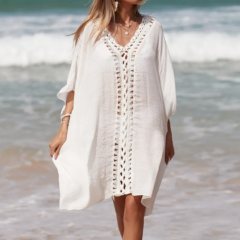 Women Crochet Collar V-Neck Solid Color Loose Breathable Sun Protection Beach Cover-Ups