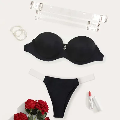Women Sexy Simple Solid Color Transparent Detachable Straps Bra Underwear Set