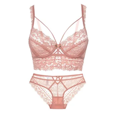 Women Sexy Ultra-Thin Lace Bra Set with 3/4 Cup and Fixed Double Straps