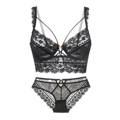 Women Sexy Ultra-Thin Lace Bra Set with 3/4 Cup and Fixed Double Straps