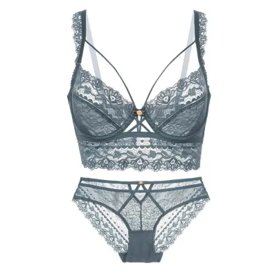 Women Sexy Ultra-Thin Lace Bra Set with 3/4 Cup and Fixed Double Straps