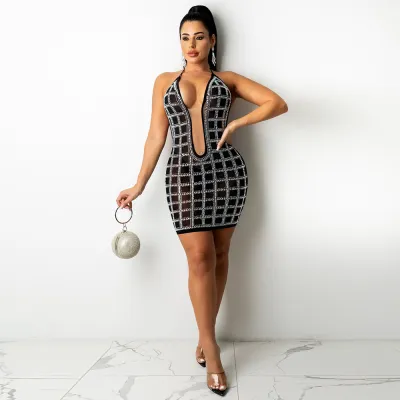 Women Sexy Rhinestone Halter-Neck Slim Fit Party Dress