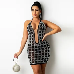 Women Sexy Rhinestone Halter-Neck Slim Fit Party Dress