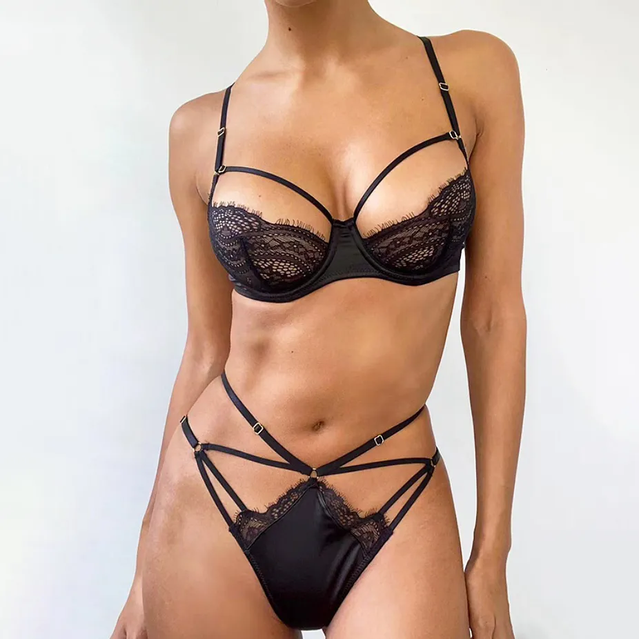 Women Sexy Lace Splicing Ultra-Thin Bra Set