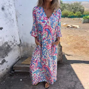 Spring Women Casual Geometric Print Loose V-Neck Maxi Dress