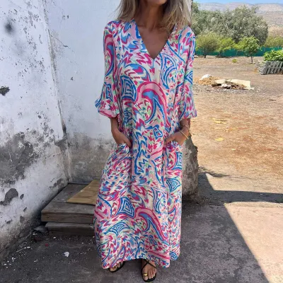 Spring Women Casual Geometric Print Loose V-Neck Maxi Dress