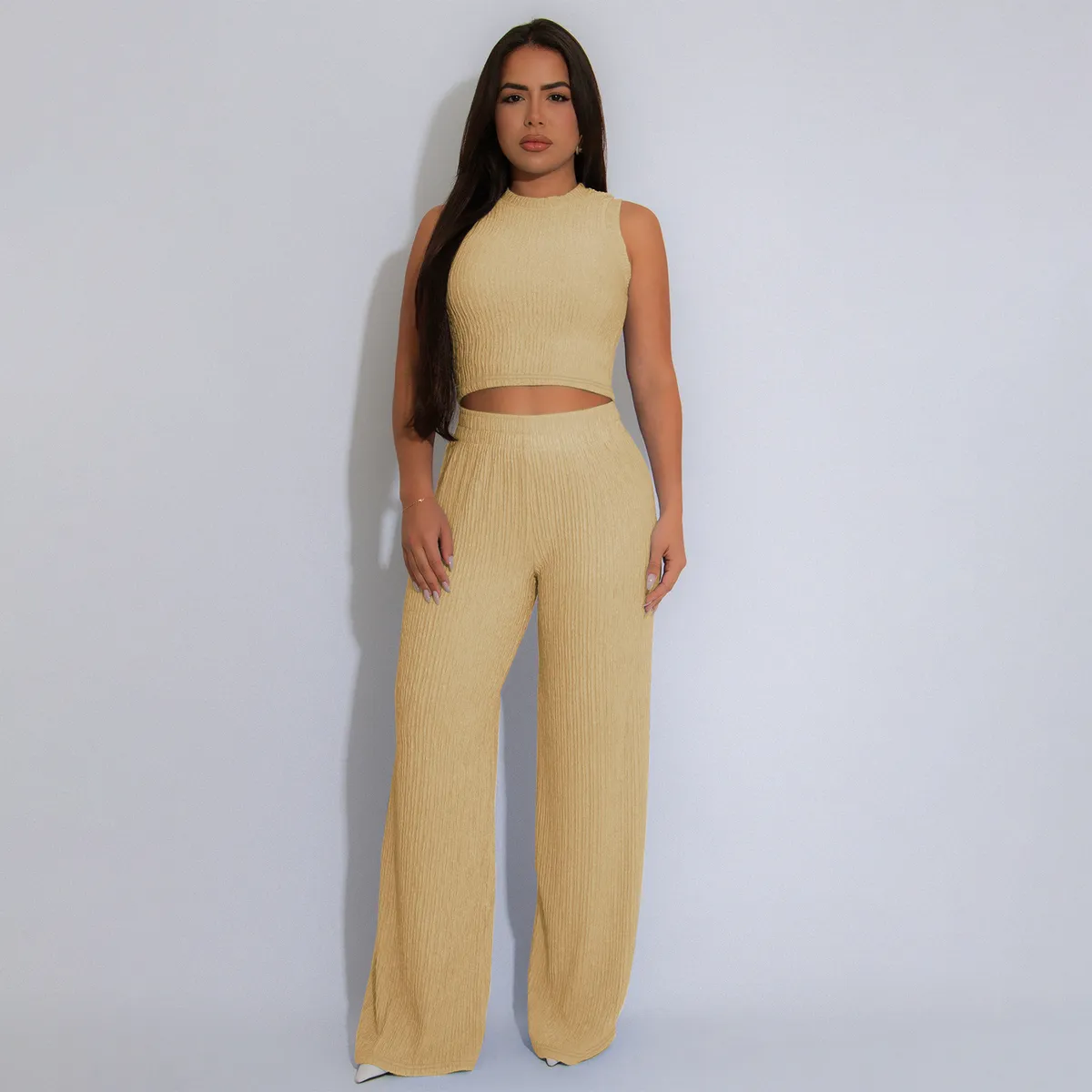Women Fashion Casual Solid Color High Elastic Tank Top Wide-Leg Pants Two-Piece Set