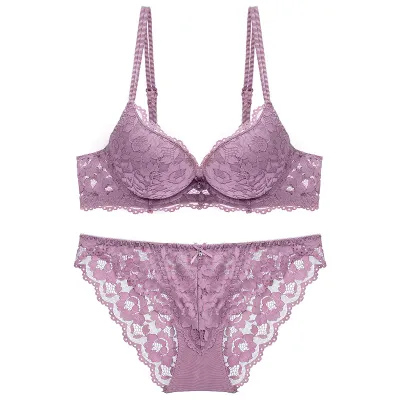 Women Sexy Lace Bra Set with 3/4 Cup and Double-Row Back Fasteners
