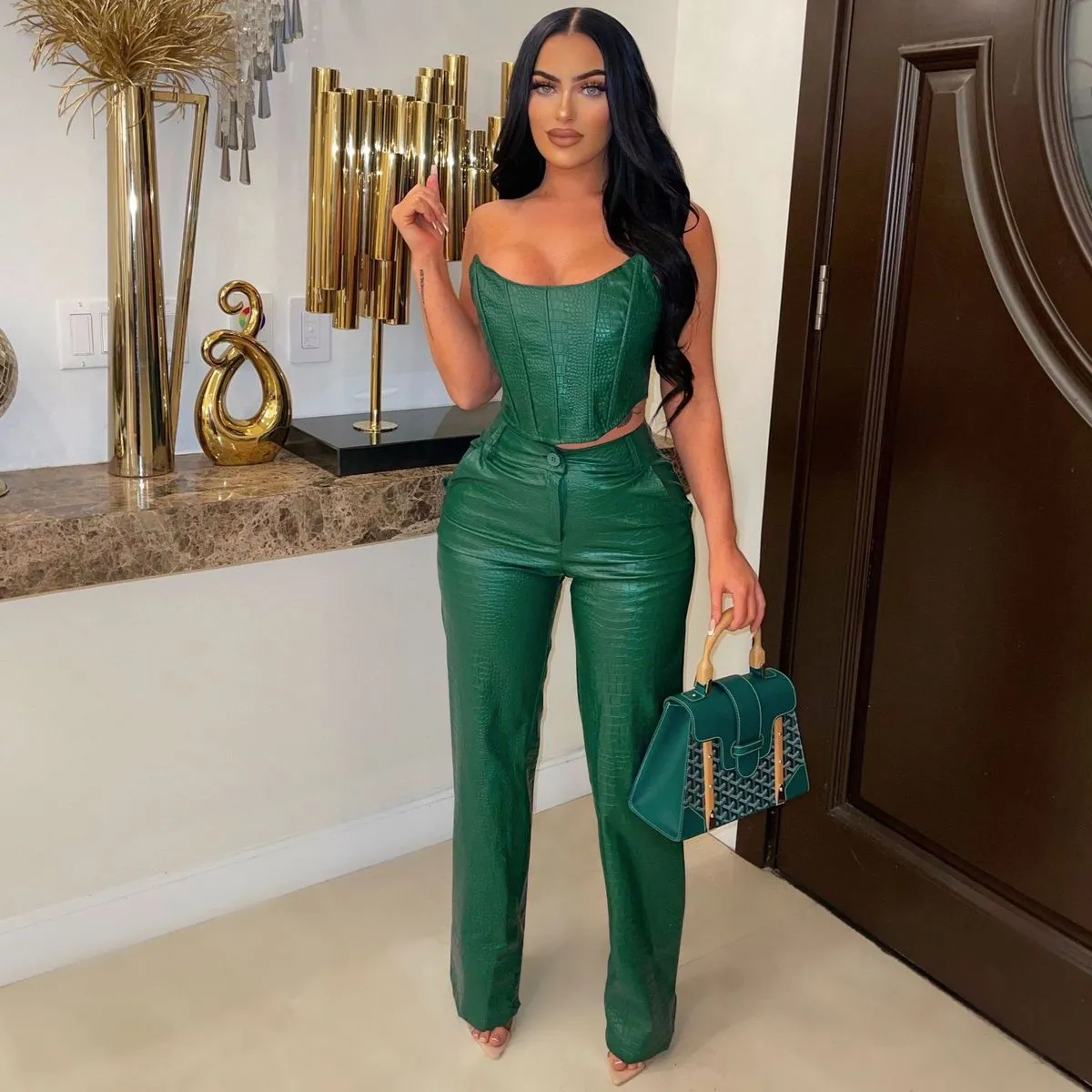 Women Fashion Sexy Solid Color Pu Imitation Leather Tube Top Slim Fit Pants Two-Piece Set