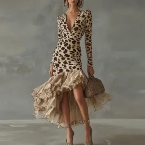 Women Fashion Leopard Print Long Sleeve V-Neck Stitching Mesh Dress