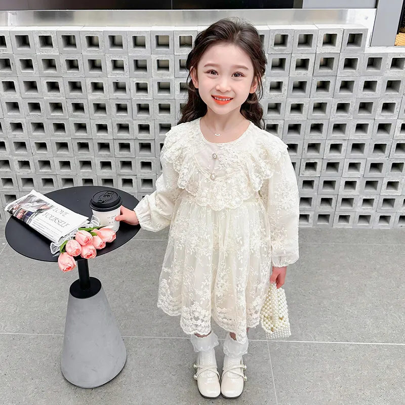 Kid Girl Ruffled Long Sleeve Lace Princess Dress Floral A-Line
