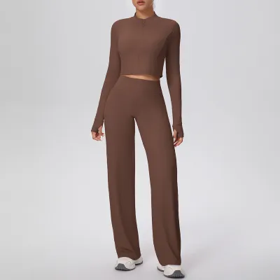 Women Solid Color Long Sleeve High Waist Loose Straight Outdoor Sports Pant Sets