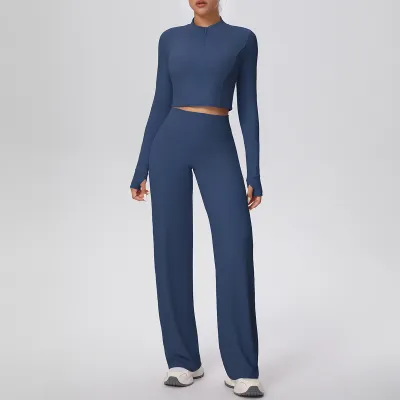 Women Solid Color Long Sleeve High Waist Loose Straight Outdoor Sports Pant Sets