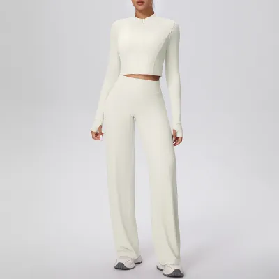 Women Solid Color Long Sleeve High Waist Loose Straight Outdoor Sports Pant Sets
