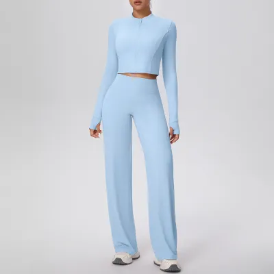 Women Solid Color Long Sleeve High Waist Loose Straight Outdoor Sports Pant Sets