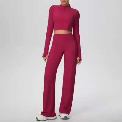 Women Solid Color Long Sleeve High Waist Loose Straight Outdoor Sports Pant Sets