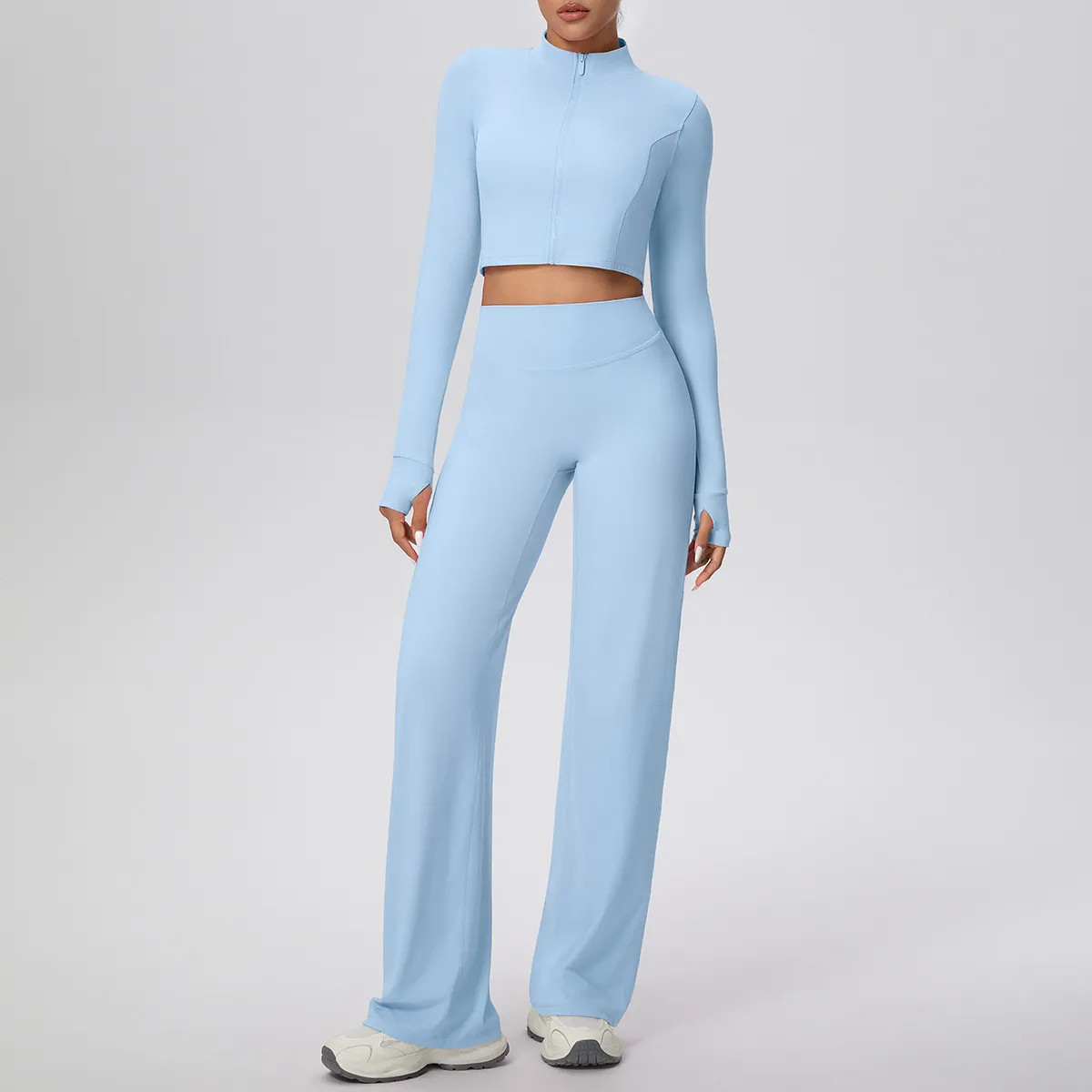 Women Solid Color Long Sleeve High Waist Loose Straight Outdoor Sports Pant Sets