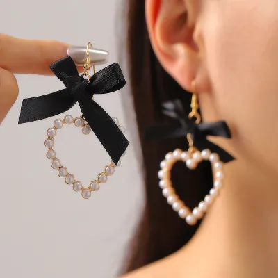 Sweet And Cute Bow Ribbon Faux Pearl Heart Earrings