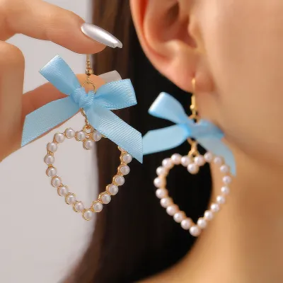 Sweet And Cute Bow Ribbon Faux Pearl Heart Earrings