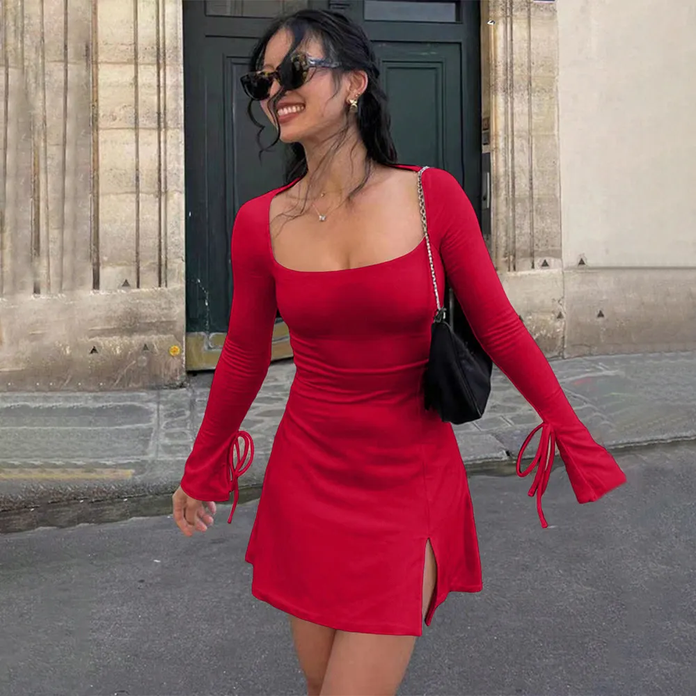 Women Fashion Sexy Solid Color Square Collar Lng-Sleeve Split Dress