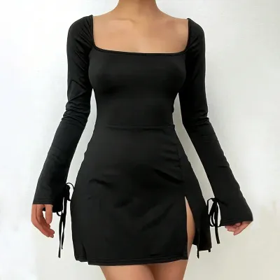 Women Fashion Sexy Solid Color Square Collar Lng-Sleeve Split Dress