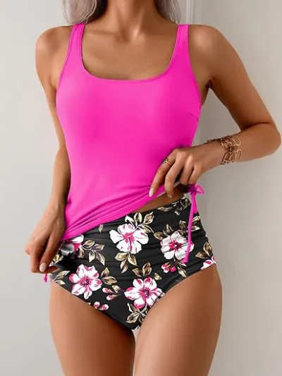 Women Fashion Print Drawstring High Waist Pleated Tankini Swimsuit
