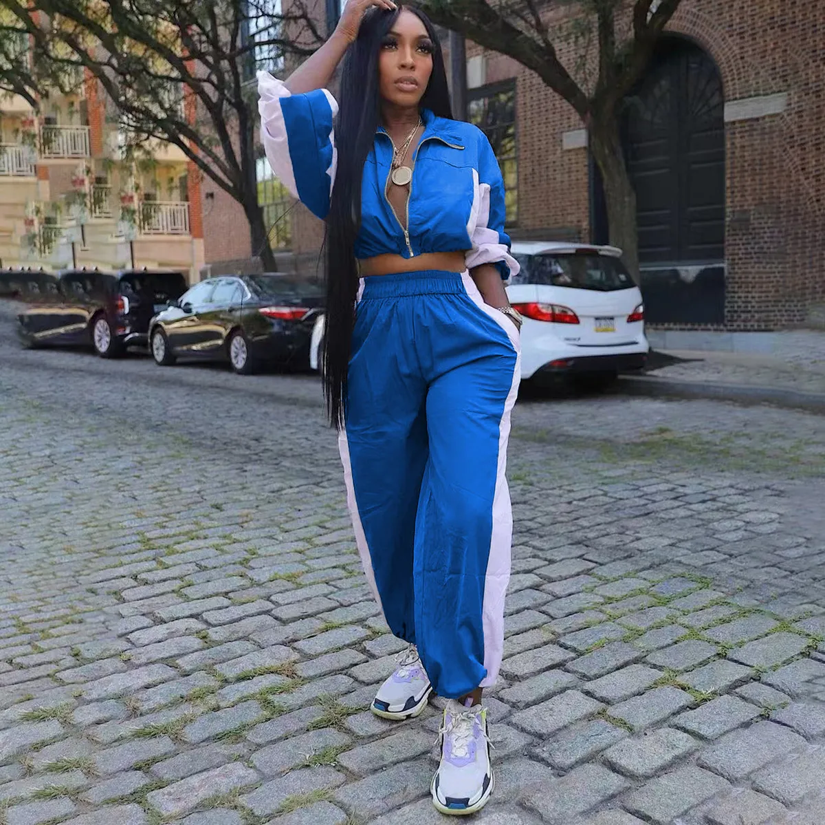 Women Fashion Casual Color Block Long Sleeve Zipper Jackets Drawstring Loose Pants Two-Piece Set