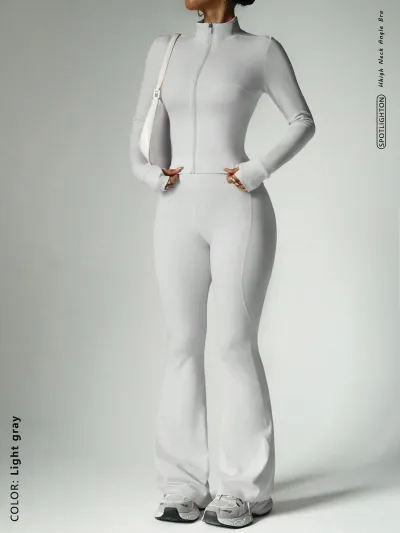 Women Fashion Casual Solid Color Zipper Long-Sleeve Jacket Flared Pants Sports Yoga Two-Piece Set
