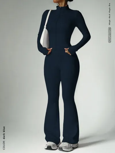 Women Fashion Casual Solid Color Zipper Long-Sleeve Jacket Flared Pants Sports Yoga Two-Piece Set