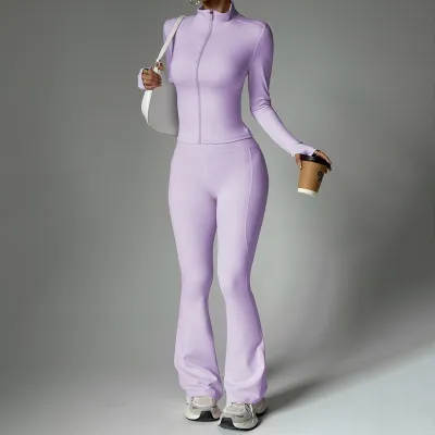 Women Fashion Casual Solid Color Zipper Long-Sleeve Jacket Flared Pants Sports Yoga Two-Piece Set