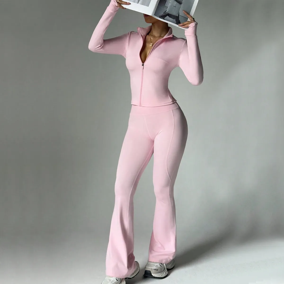 Women Fashion Casual Solid Color Zipper Long-Sleeve Jacket Flared Pants Sports Yoga Two-Piece Set