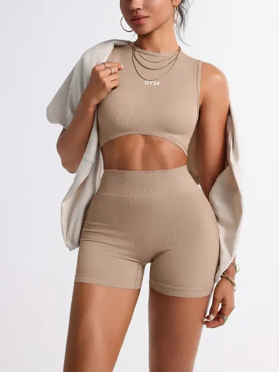 Women Fashion Sexy Solid Color Seamless Tank Top Tight Shorts Yoga Sports Two-Piece Set
