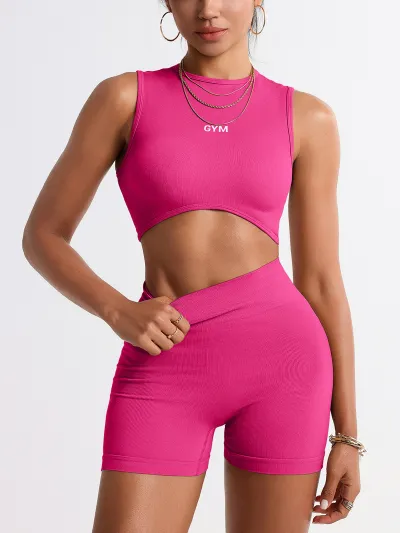 Women Fashion Sexy Solid Color Seamless Tank Top Tight Shorts Yoga Sports Two-Piece Set