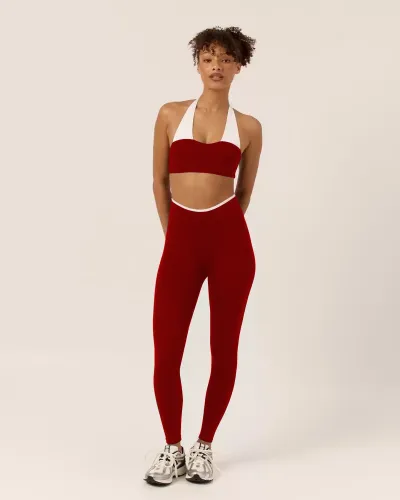 Women Fashion Sexy Color Block Halter-Neck Crop Top High Waist Pants Quick-Drying Sports Yoga Two-Piece Set