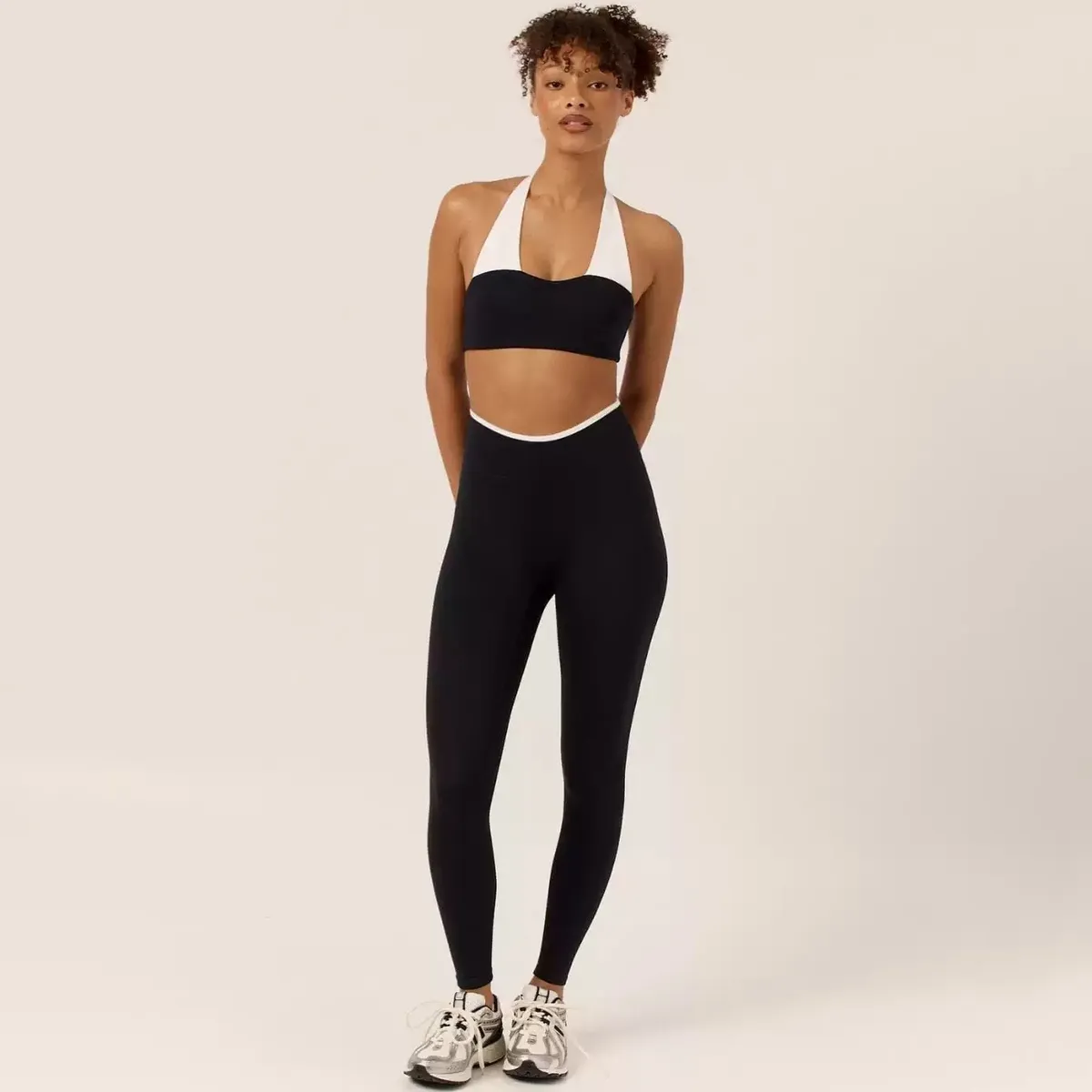 Women Fashion Sexy Color Block Halter-Neck Crop Top High Waist Pants Quick-Drying Sports Yoga Two-Piece Set