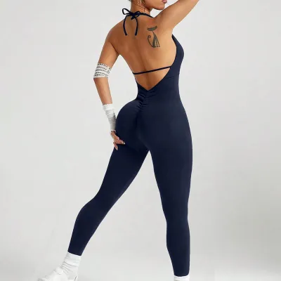 Women Fashion Sexy Solid Color Twisted Pleated Halter-Neck Backless Sports Jumpsuit