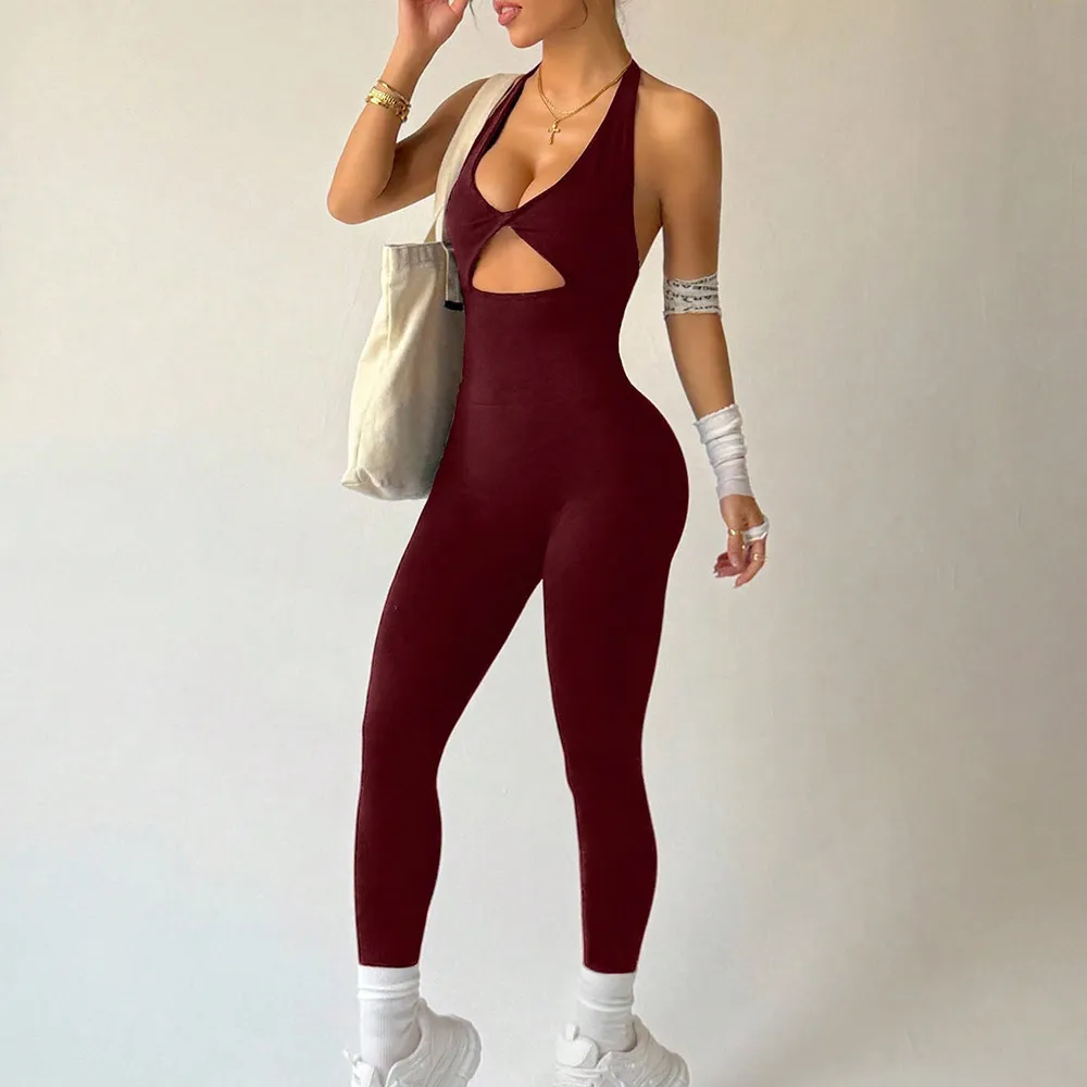 Women Fashion Sexy Solid Color Twisted Pleated Halter-Neck Backless Sports Jumpsuit