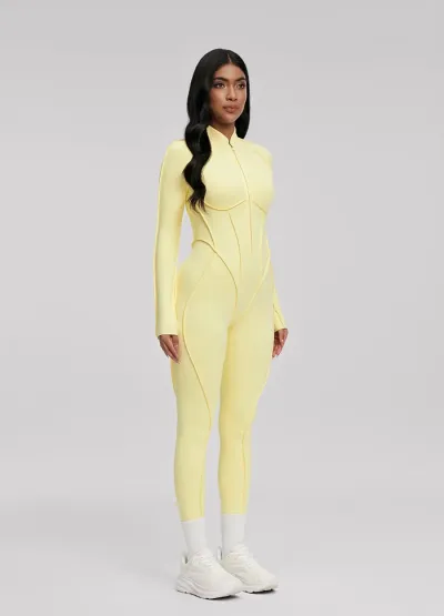 Women Fashion Sexy Solid Color Stripe Long Sleeve Zipper Slim-Fit Sports Jumpsuit